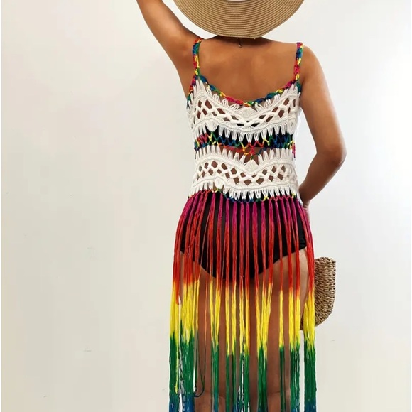 White Rainbow-Color Boho Tassel Beach Cover-Up Dress - Picture 4 of 11